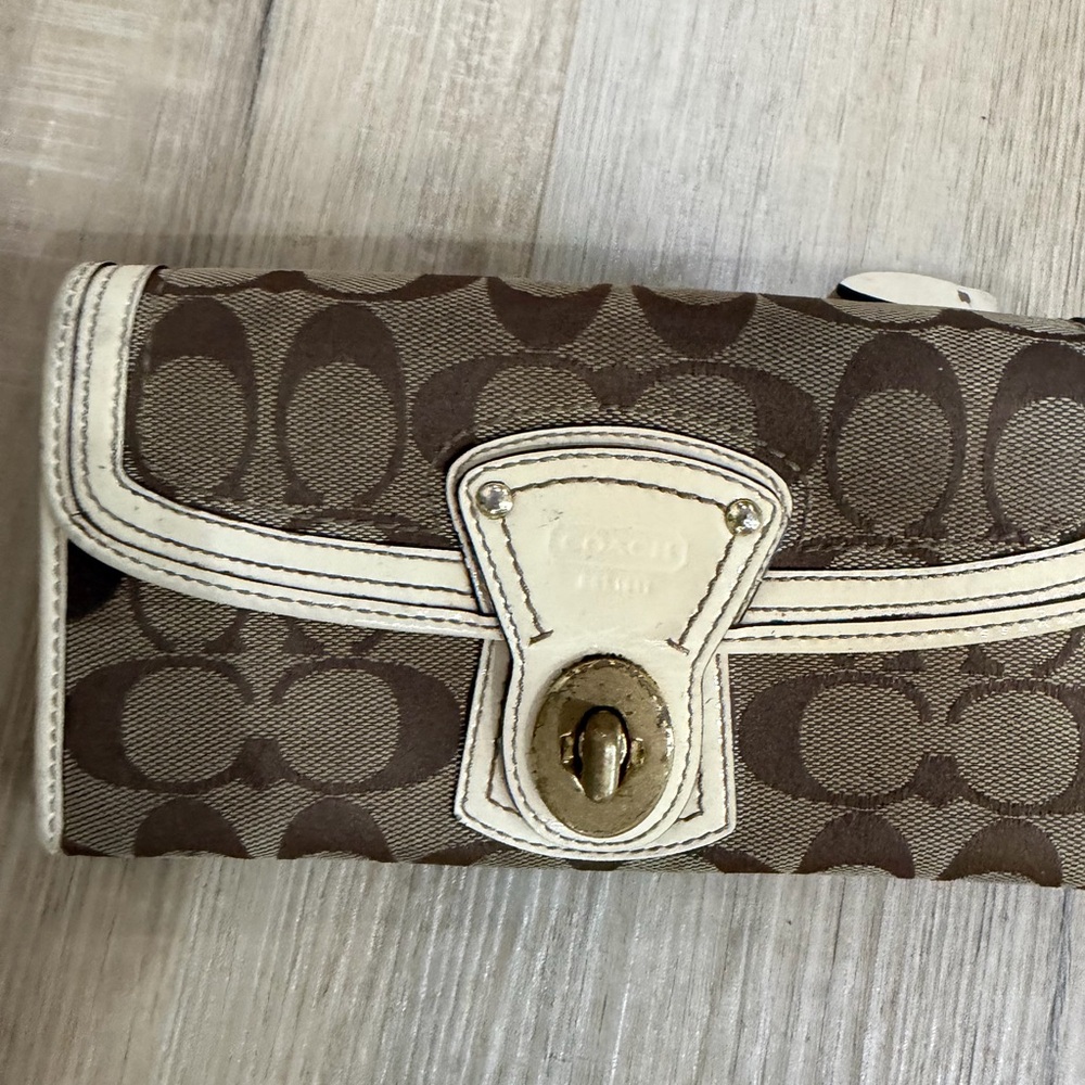 Coach Brown Signature Canvas Wallet with Ivory Trim and Turnlock